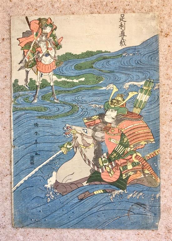 Four Japanese woodblock prints of figures by Suntei, Kunisada, Toyokuni, etc., largest 36 x 26cm, unframed, Ex Joe Hloucha collection